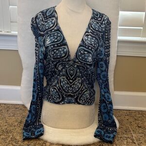 Free People Blue Paisley Long Sleeve V-Neck Top
